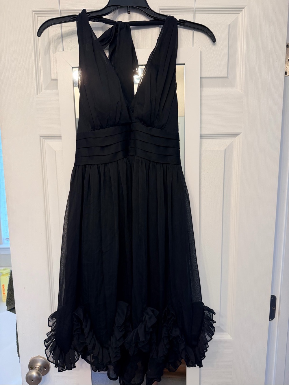 Backless Black V-Neck Ruffle Hem Dress